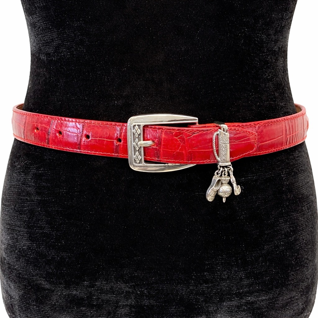 Brighton Womens Croc Embossed Waist Belt Size M30 Red Leather Silver Golf Charms